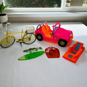 Barbie Mattel 2008 Malibu Beach Party Cruiser Jeep Vintage Bike Surfboards Float